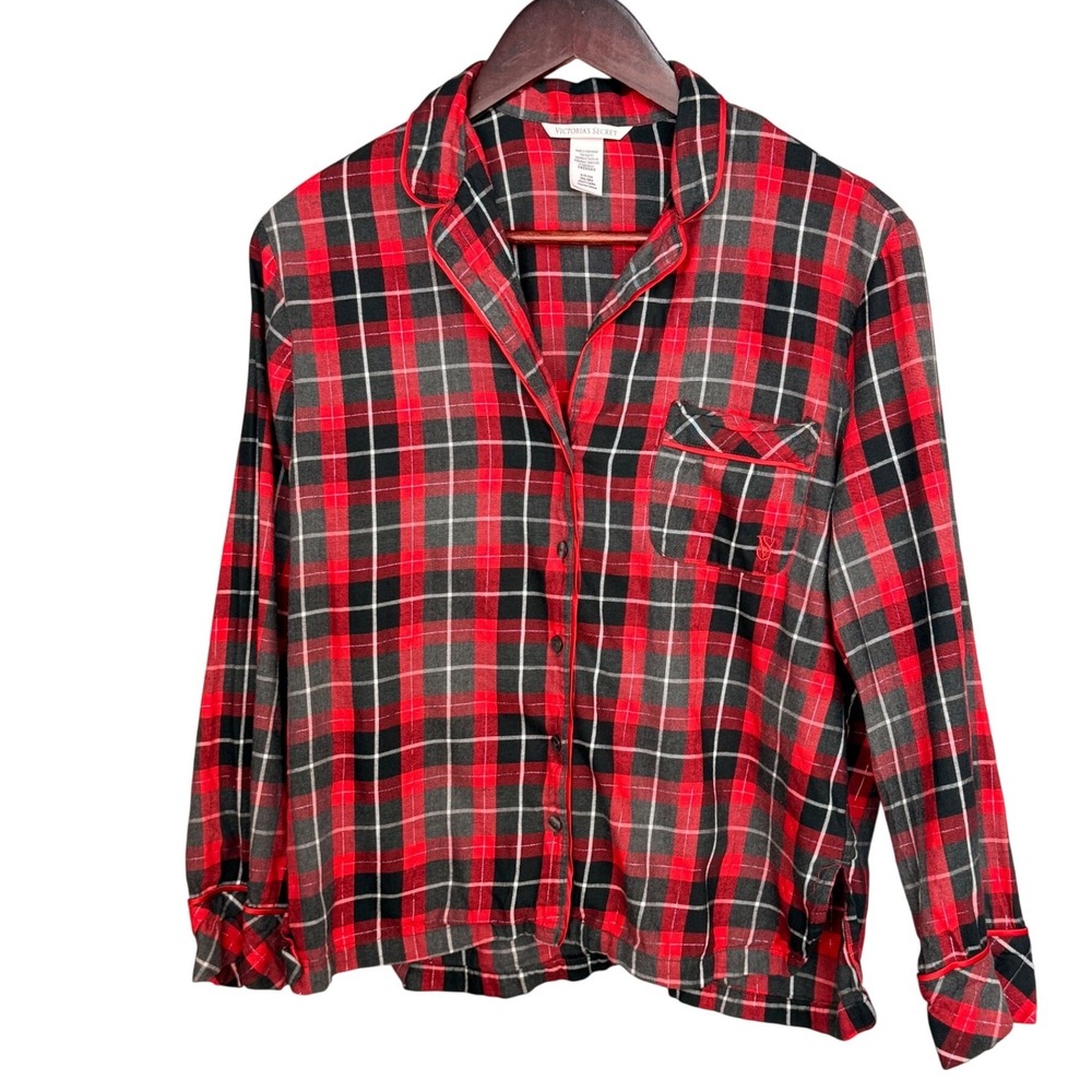 Victoria's Secret Red Plaid Flannel Pajama Top Button Down Small Short Holiday